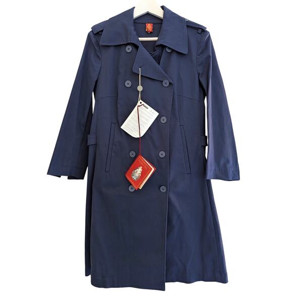 NWT Dondup Ramona Trench Coat Navy Blue IT 46 US L Classic Belted Long Jacket - Picture 1 of 9